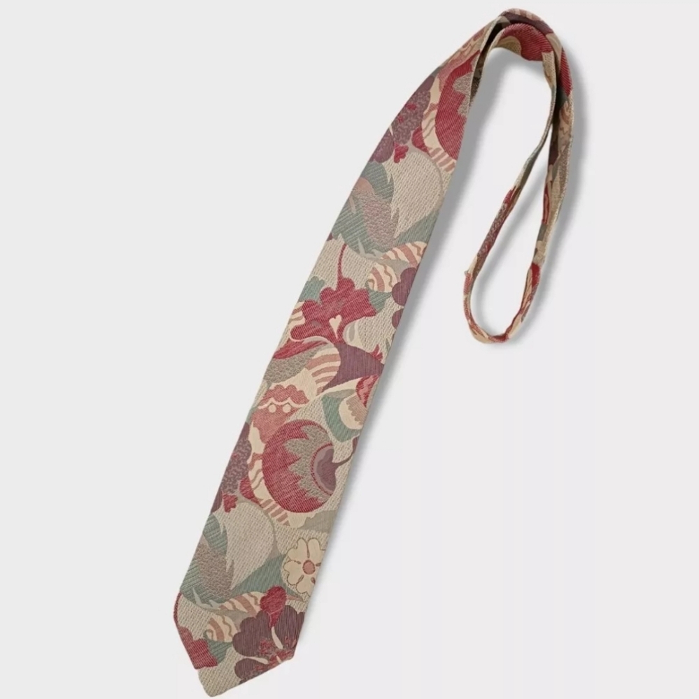 KENZO XL Beige/Burgundy Floral Leaf Silk LUXURY Tie ITALY